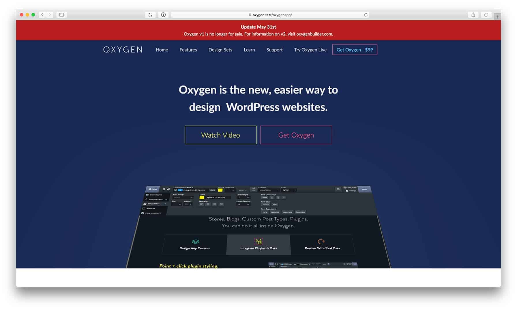 Oxygen v1.0’s website homepage hero in Oxygen 2.0