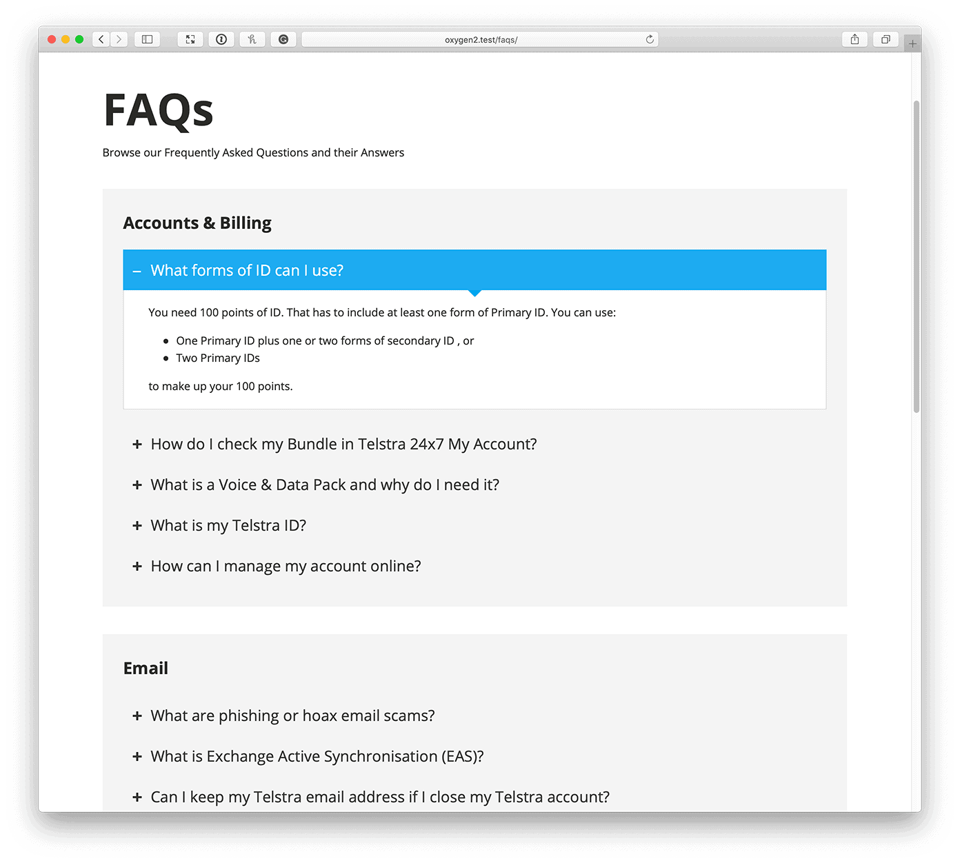 FAQs grouped by categories in Oxygen