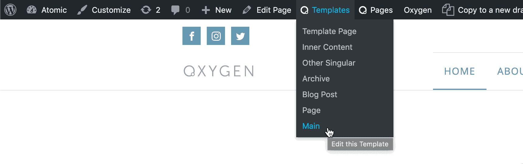 Templates and Pages Quick Edit Toolbar Menus in Oxygen