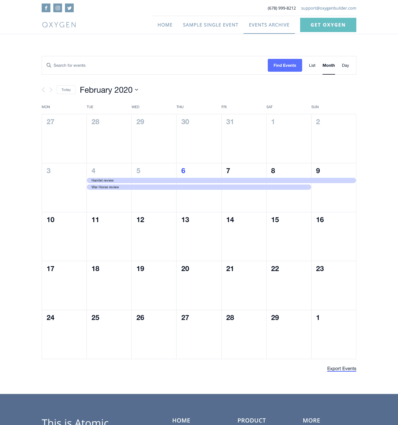 The Events Calendar in Oxygen