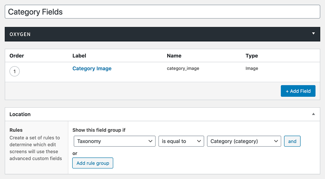 Category Fields custom fields group